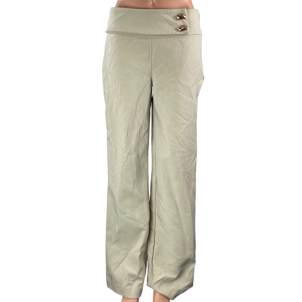 Meshki Womens Beige High Rise Waistband Metallic Button Wide Leg Trouser Pants S
